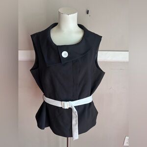 Sleeveless Black Tunic with Signature Asymmetrical Collar and White Waist Belt